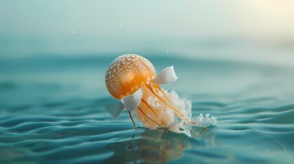 A small jellyfish in a bowtie, floating serenely in the ocean