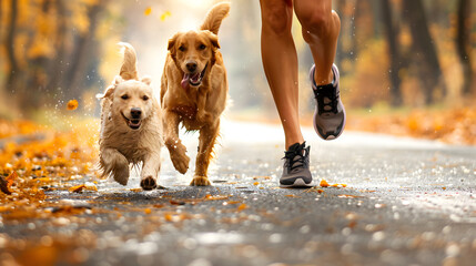 Wall Mural - Jogging in the autumn forest with a dog