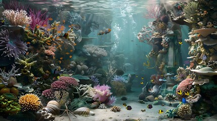 Wall Mural - about abstract nature underwater garden growth with seashells and fish