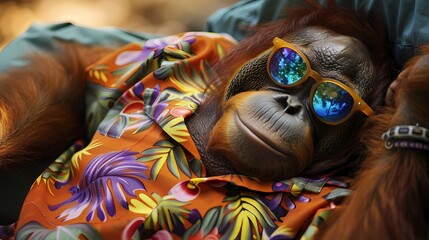 Wall Mural - A small orangutan in a Hawaiian shirt and sunglasses, lounging