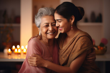  A loving  young Indian ethnic woman embraces her aged grandmother on an occasion