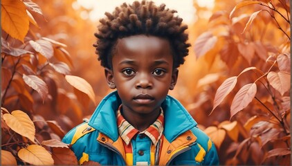 cute kid african boy model autumn fashion portrait on bright background