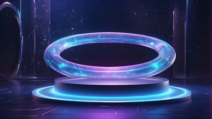 Wall Mural - Holographic gateway in blue color. Magical gateway of imagination. podium teleporting in a circle with a holographic appearance. futuristic, high-tech, abstract technology design. circular form. Round
