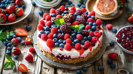 Sticker - Delicious mixed berry cheesecake with fresh fruits. Rustic style food photography. Ideal for dessert recipes and culinary blogs. Perfect summer treat. AI