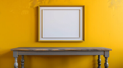 Wall Mural - A chic boutique display featuring a blank frame under a grey polished wooden table, accented by a deep yellow wall.