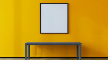 A contemporary dance studio with a blank frame mockup under a grey table, deep yellow wall inspiring movement and rhythm.