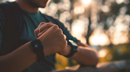 Close up of man using his smart watch outdoors