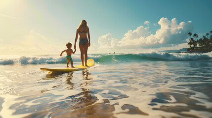 Wall Mural - caucasian mother and son practicing surfing