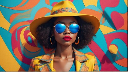 Wall Mural - bright colorful background african pretty girl model fashion portrait posing with sunglasses and hat