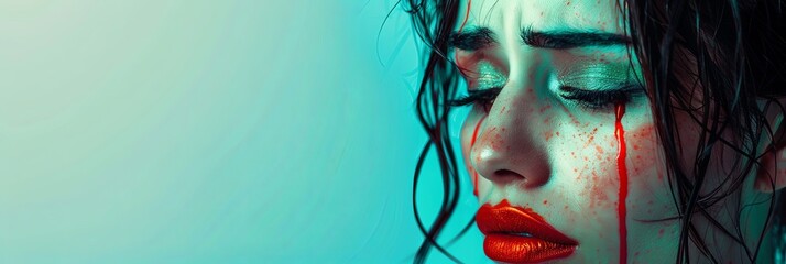 Wall Mural - A young woman with blood on her face, tears streaming down, and red lipstick smudged, on a colorful backdrop. Generative AI