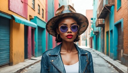 Poster - city alley background african pretty girl model fashion portrait posing with sunglasses and hat