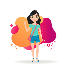 Sticker - Pretty young girl waving hand. Female teenager in T-shirt and shorts greeting her friends. Woman and fashion concept. Vector illustration can be used for topics like friendship, greeting, lifestyle