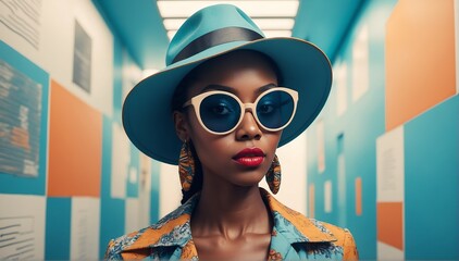 Wall Mural - office background african pretty girl model fashion portrait posing with sunglasses and hat