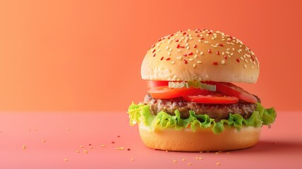 Wall Mural - Fresh hamburger with lettuce and tomatoes on colorful background
