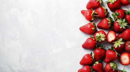 Wall Mural - Fresh strawberries arranged in triangle shape on white textured background