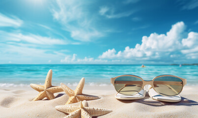 Concept of summer vacation on the beach. Beach accessories - sunglasses, water flip flops, starfish on a sandy tropical beach against a blue sky with clouds on a bright sunny day.