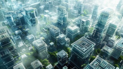 Wall Mural - Data block buildings in a futuristic city, representing the storage and handling of large data sets. Data mining visualization