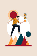 Wall Mural - Vertical photo collage of excited businessman run promotion concept mountain interface to do list fulfill isolated on painted background