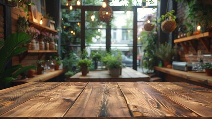 The photo captures a cozy café interior with lush greenery and a prominent wooden table, exuding a natural and serene feel