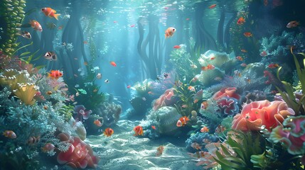 about abstract nature underwater garden growth with seashells and fish