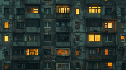 Rows of lit windows in a worn concrete apartment building at dusk