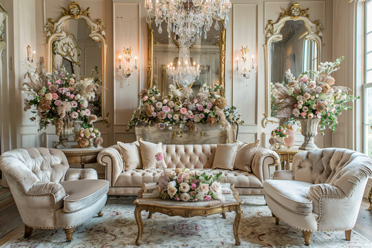 Capture the essence of Parisian romance with elegant French-inspired decor, such as crystal chandeliers, ornate mirrors, and plush velvet accents