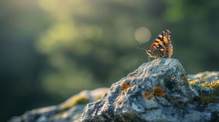 Wall Mural - Butterfly on a rock in a mountain landscape