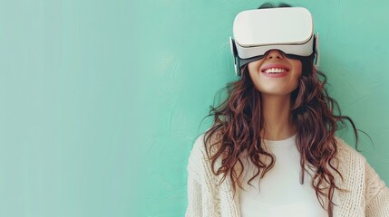 Wall Mural - Young woman happily wearing white sweater and virtual reality glasses on pastel green background. Generative AI