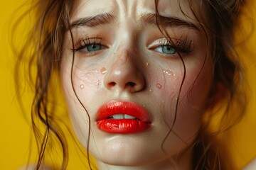 A crying young woman with wet hair and smeared red lipstick, embodying raw emotion against a vibrant backdrop. Generative AI
