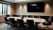 © Farhan - A professional conference room setting with a long table, comfortable chairs, and a large screen or whiteboard in the background. Neutral wall colors, polished table, and modern office chairs.