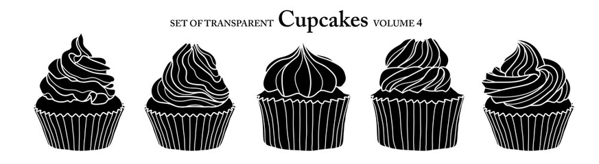 Cupcakes in black silhouette on transparent background. Set of isolated dessert illustration in hand drawn style. Food elements for coloring book, sticker or design. Volume 4.