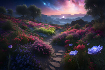 Wall Mural - Lush garden on an other wordly planet deep in cosmos