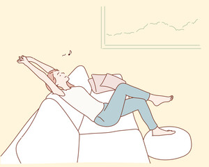 Young woman relaxing on sofa . Hand drawn style vector design illustrations.