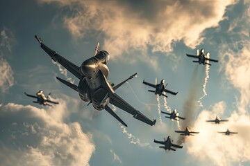 Sticker - a group of fighter jets flying through a cloudy sky