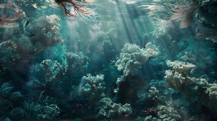 Wall Mural - about abstract nature underwater garden growth with seashells and fish