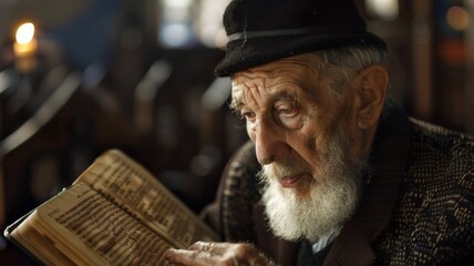 Wall Mural - An old man with a black hat and beard is reading a book