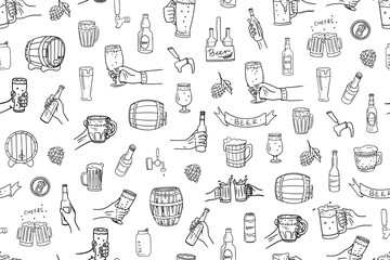 Wall Mural - Seamless pattern of beer, glasses of beer, bottle of beer in hand, glass in hand in doodle style. Mug with beer, barrel. Cheers. Great for bar menu design, packaging, pub. Hand drawn.