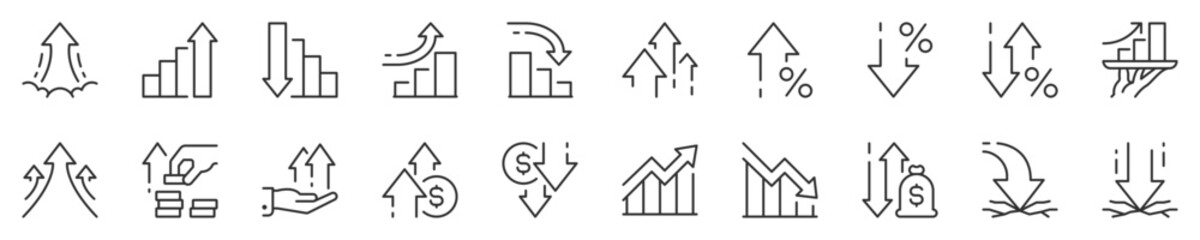 Line icons about increase and decrease. Contains such icons as stock market, profit, launch and more. Editable vector stroke. 512x512 Pixel Perfect in transparent background.