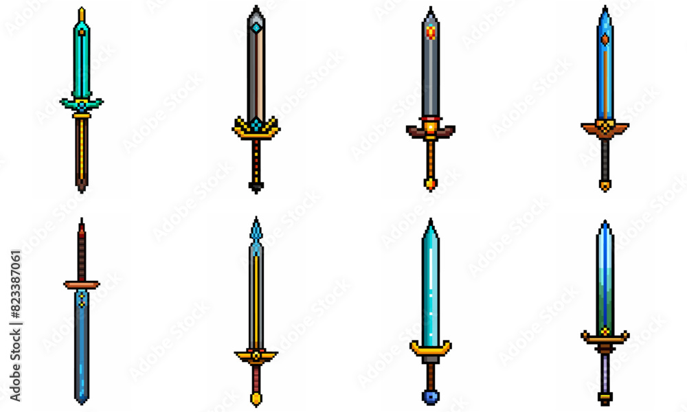 Pixel art weapon sword craft set. Retro rpg style swords isolated