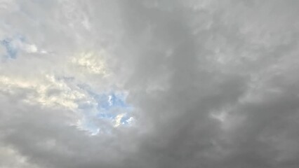 low angle timelapse shot of the dense white clouds moving in the dusk blue sky at sunset