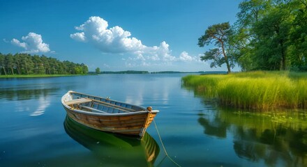 Wall Mural - A small boat floats on the lake with trees in the background. A calm scene with water reflecting the sky and trees in the distance. A bright riverside scene with calm water.