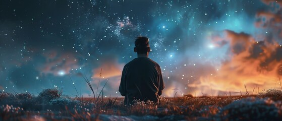 Wall Mural - A man is sitting in a field of grass, looking up at the stars