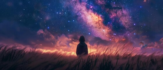 a person is standing in a field of tall grass at night