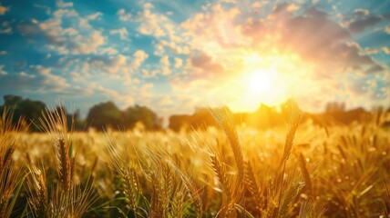 Wall Mural - golden wheat field with vibrant sunset and scattered clouds in sky
