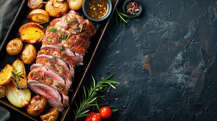 Wall Mural - Sliced roasted meat with potatoes and herbs on dark surface