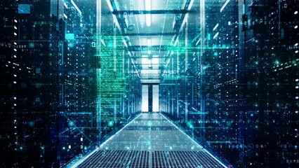 Network and data servers behind glass panels in a server room