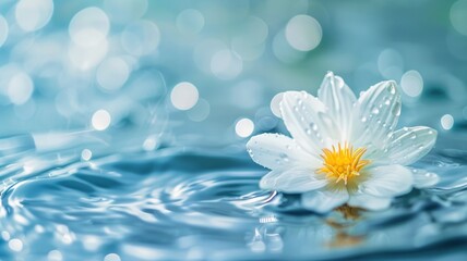 Wall Mural - White flower floating on rippling blue water surface with light reflections