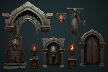 Collection of dark, gothic fantasy architectural elements with eerie motifs on grey backdrop