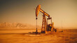 © jiraphat - A large oil rig is in the desert with a cloudy sky in the background. The scene is desolate and barren, with no signs of life. The oil rig is the only source of activity in the area
