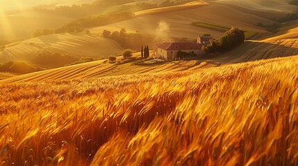 Wall Mural - Golden hills of Tuscany with farmhouses in the countryside